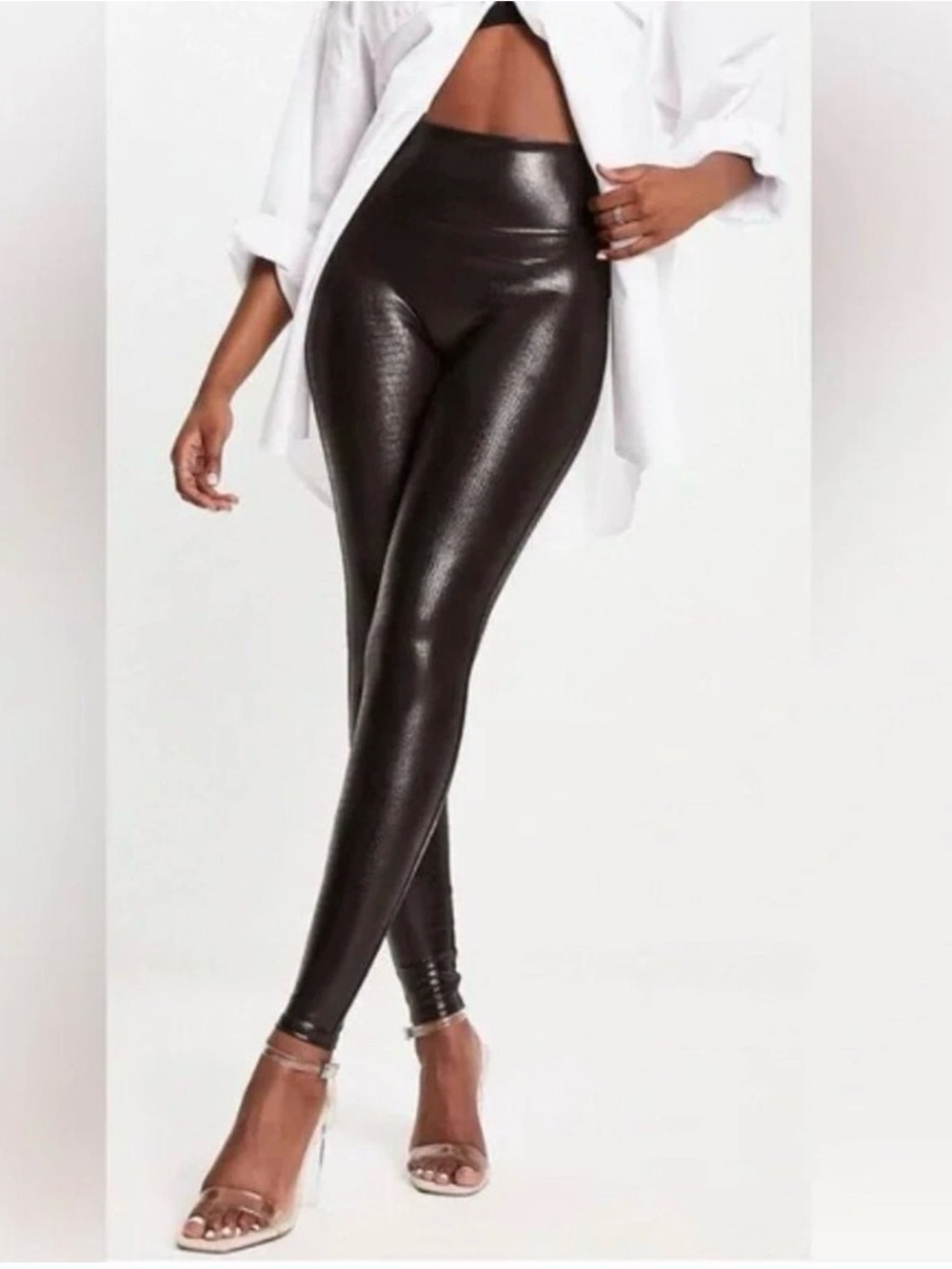 SPANX Brown High-Shine Faux Leather Croc Embossed Leggings Size Medium